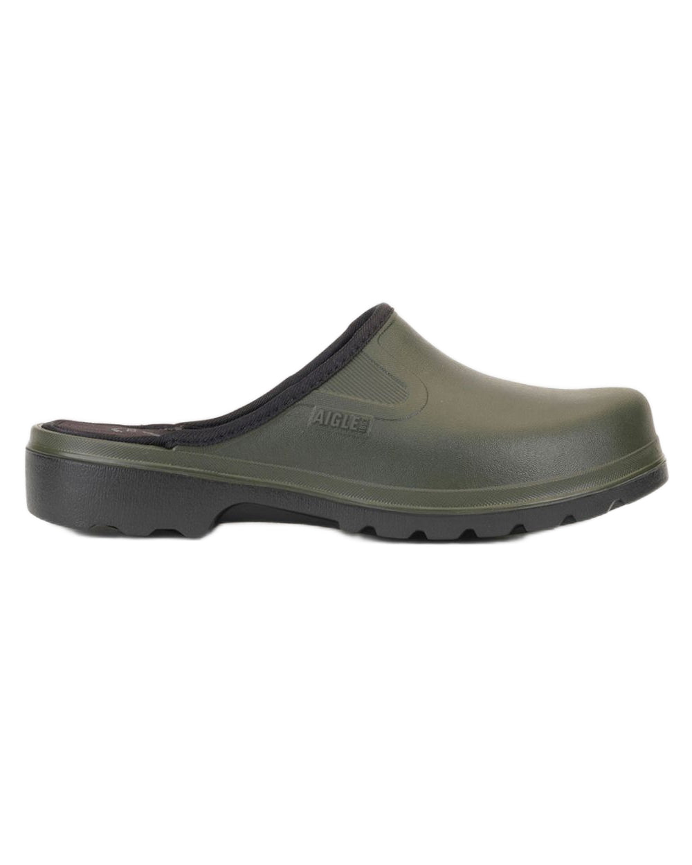Khaki Noir coloured Aigle Mens Taden M2 Ultra Light Clogs on white background 