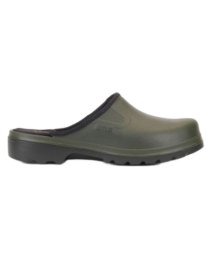 Khaki Noir coloured Aigle Mens Taden M2 Ultra Light Clogs on white background 