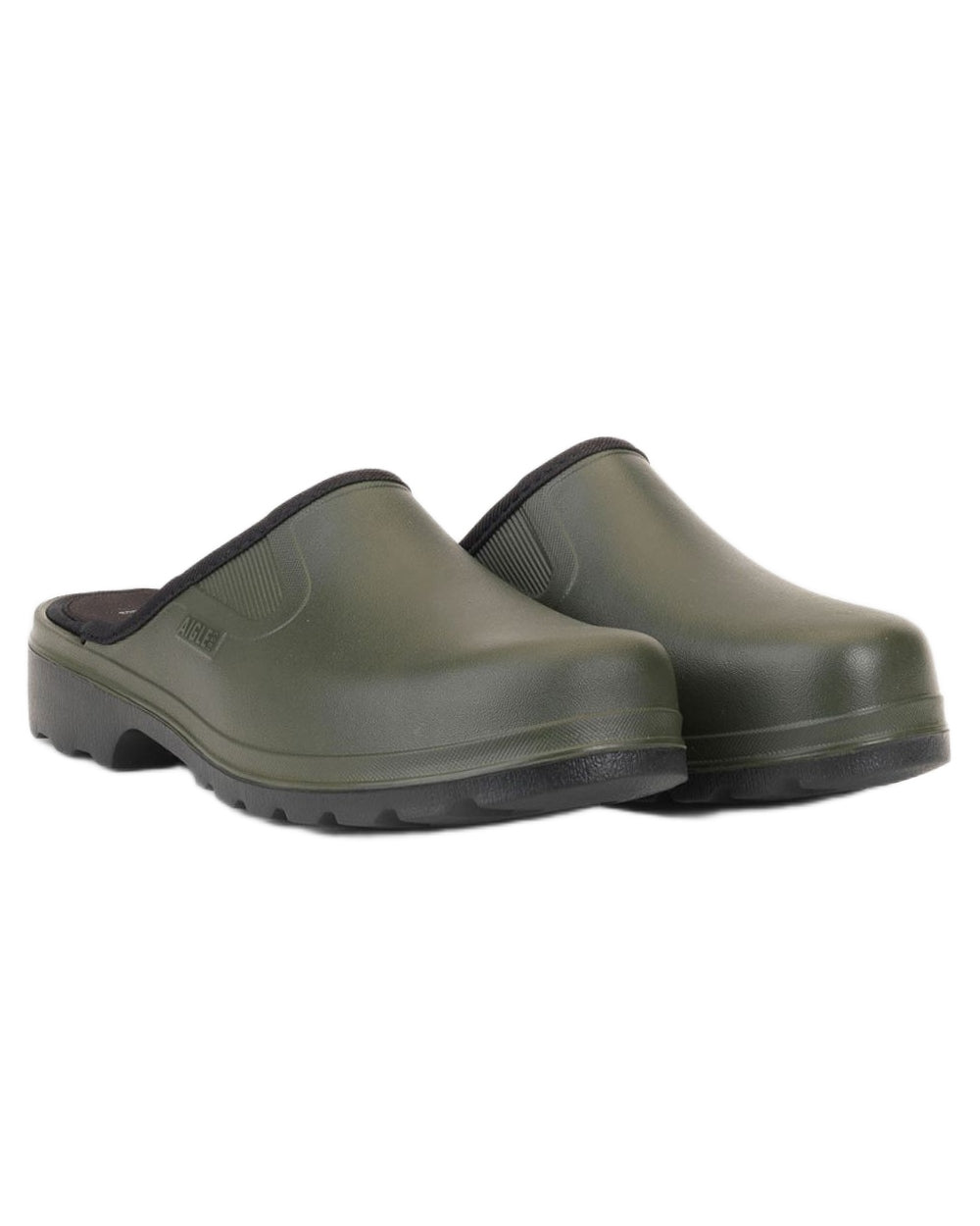Khaki Noir coloured Aigle Mens Taden M2 Ultra Light Clogs on white background 