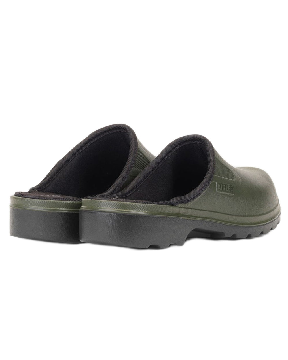 Khaki Noir coloured Aigle Mens Taden M2 Ultra Light Clogs on white background 