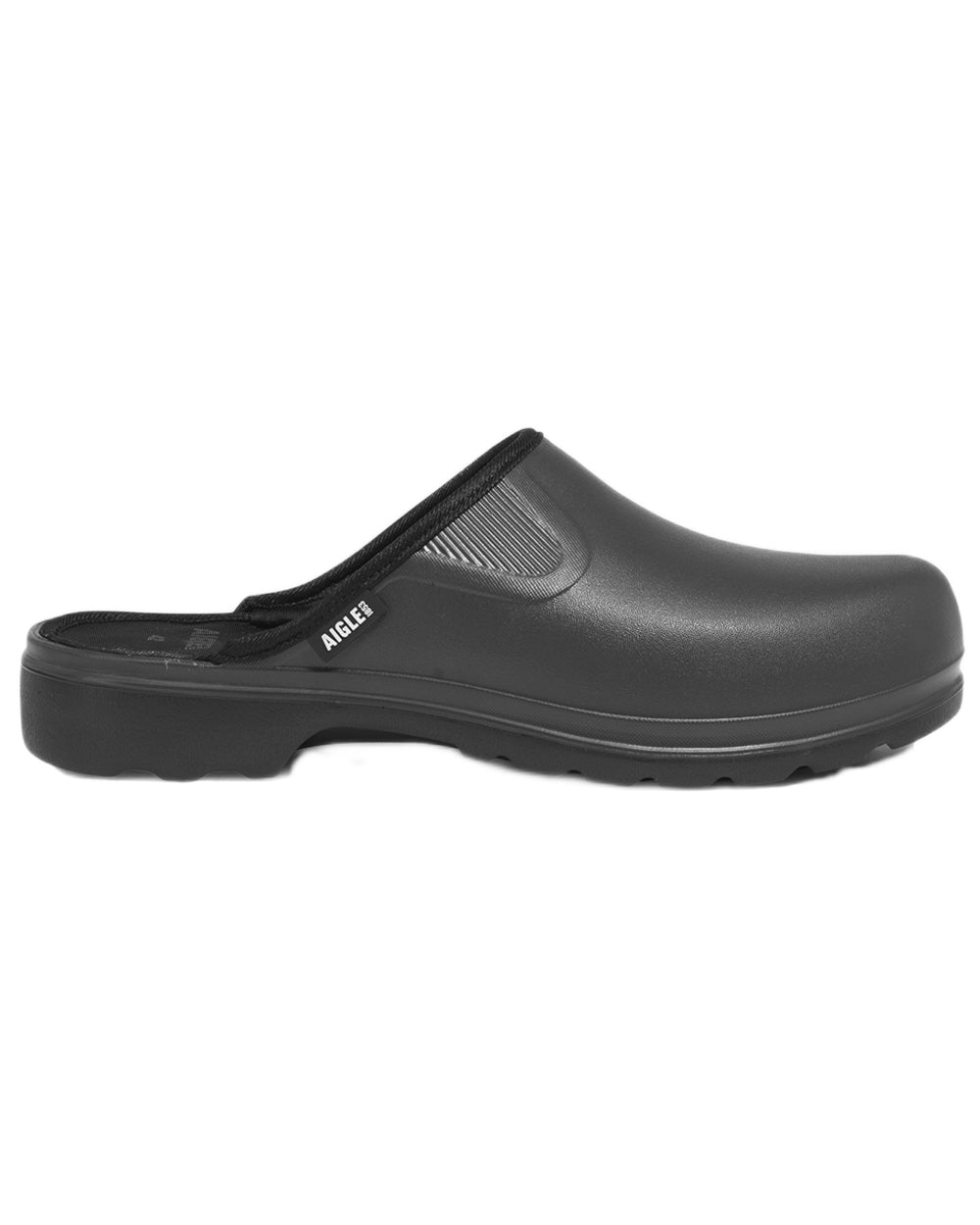 Noir coloured Aigle Mens Taden M2 Ultra Light Clogs on white background 