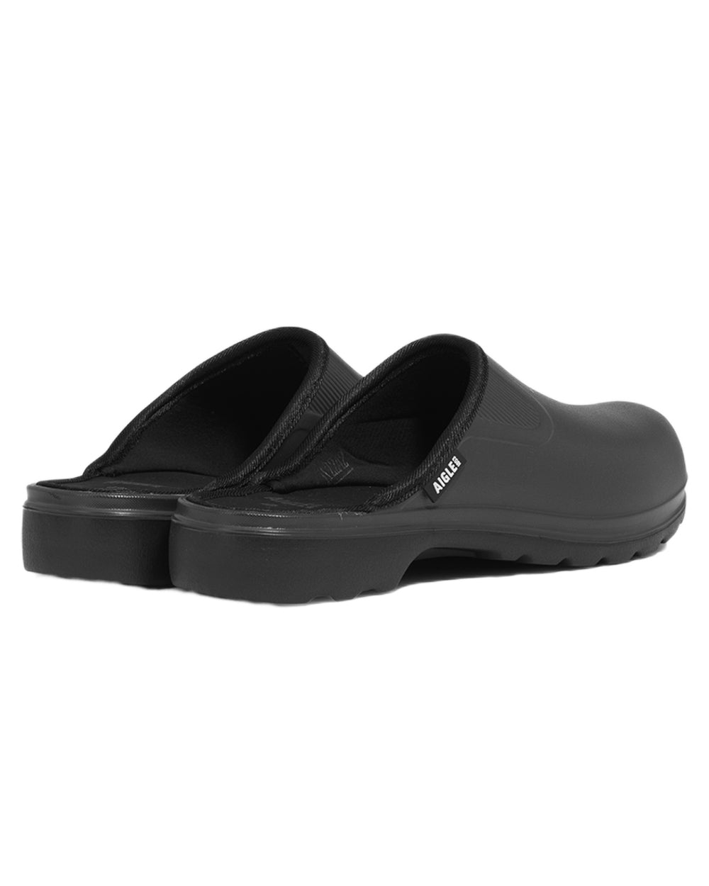 Noir coloured Aigle Mens Taden M2 Ultra Light Clogs on white background 