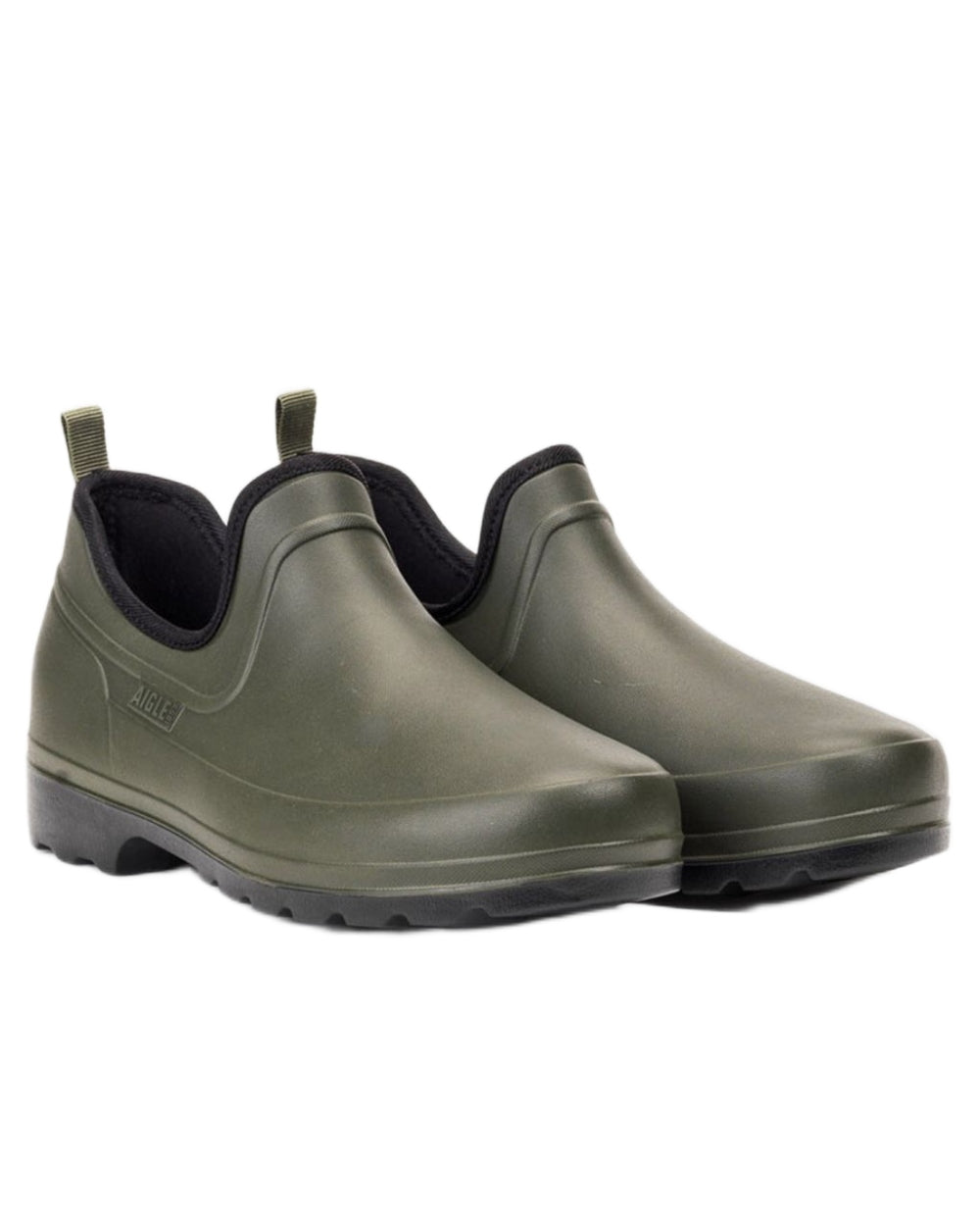 Khaki Noir coloured Aigle Mens Taden Plus Ultra Light Clogs on white background 