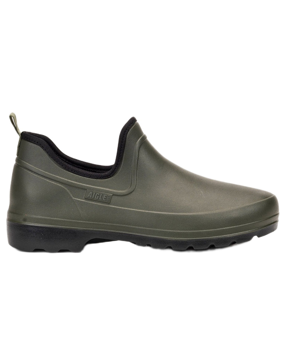 Khaki Noir coloured Aigle Mens Taden Plus Ultra Light Clogs on white background 