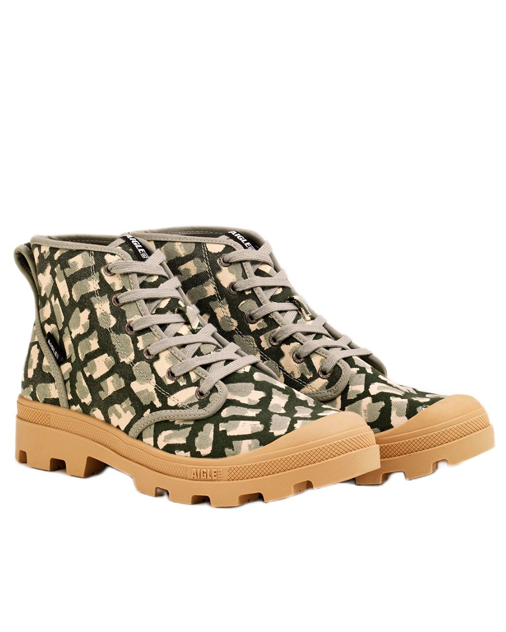 Khaki Print coloured Aigle Mens Tenere Versatile Recycled Printed Shoes on white background 