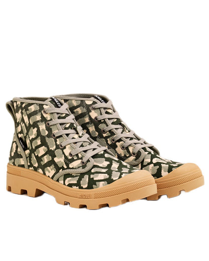 Khaki Print coloured Aigle Mens Tenere Versatile Recycled Printed Shoes on white background 