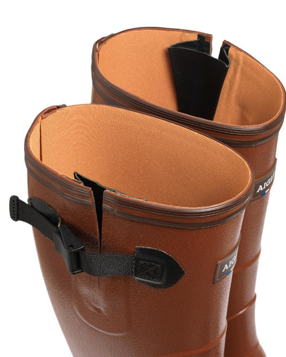 Ambre coloured Aigle Mens Terra Pro Vario Adjustable Wellingtons on white background 