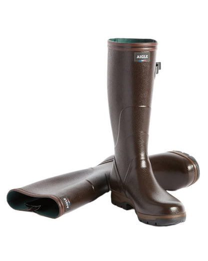Brown coloured Aigle Mens Terra Pro Vario Adjustable Wellingtons on white background 