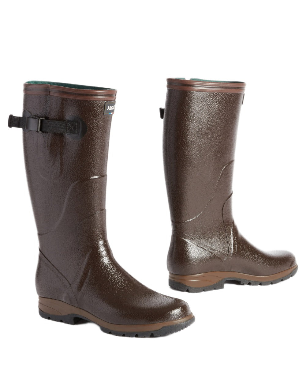 Brown coloured Aigle Mens Terra Pro Vario Adjustable Wellingtons on white background 