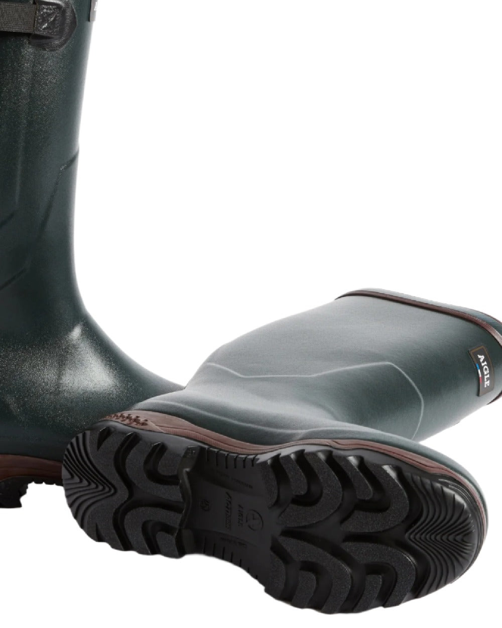 Bronze coloured Aigle Parcours 2 ISO Wellington Boots on white background 