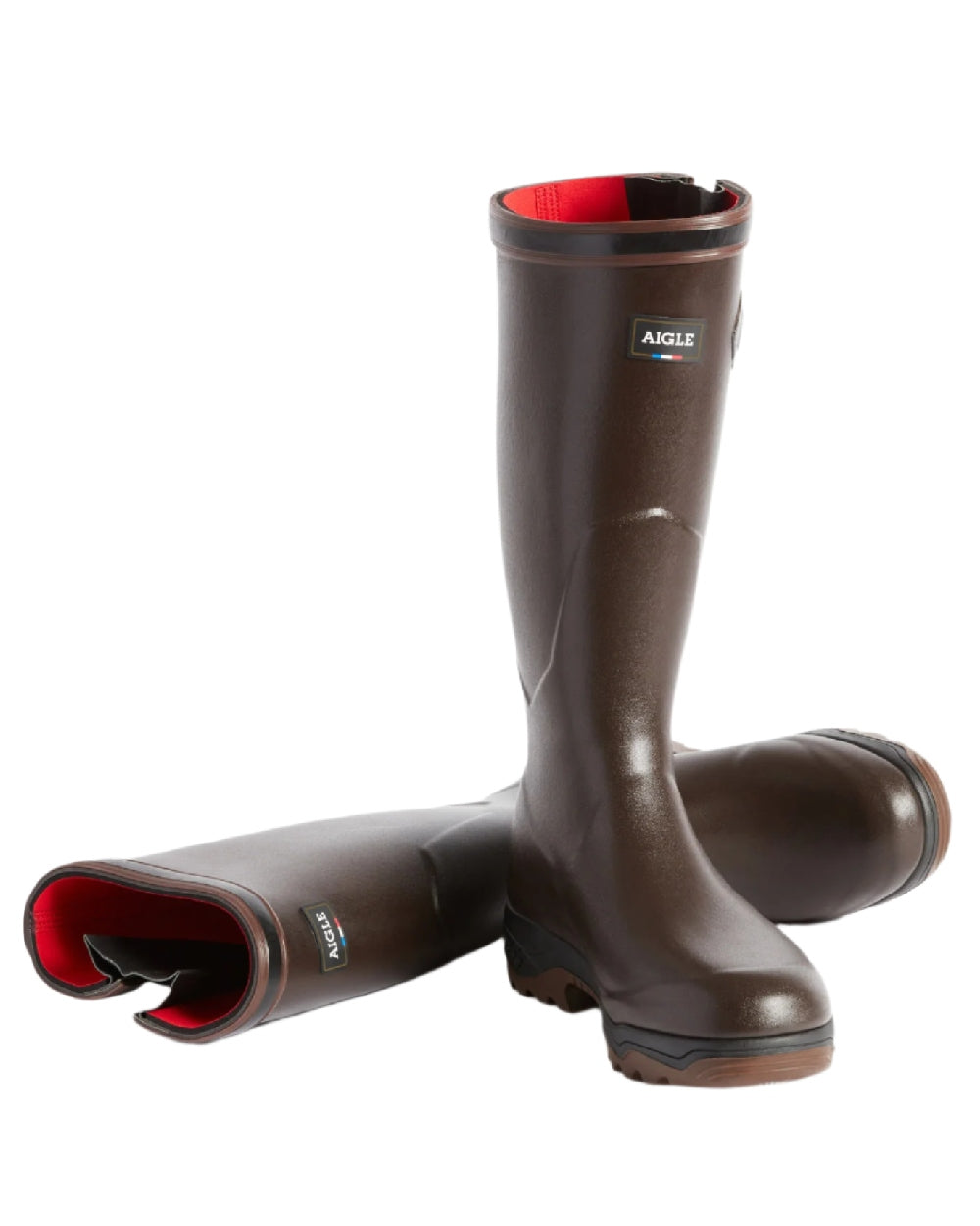 Brun coloured Aigle Parcours 2 ISO Wellington Boots on white background 