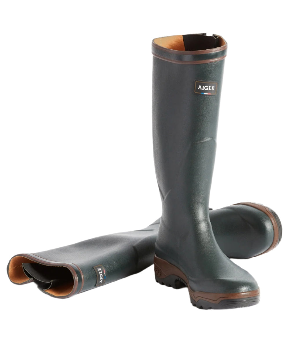 Bronze coloured Aigle Parcours 2 Vario Wellington Boots on white background 