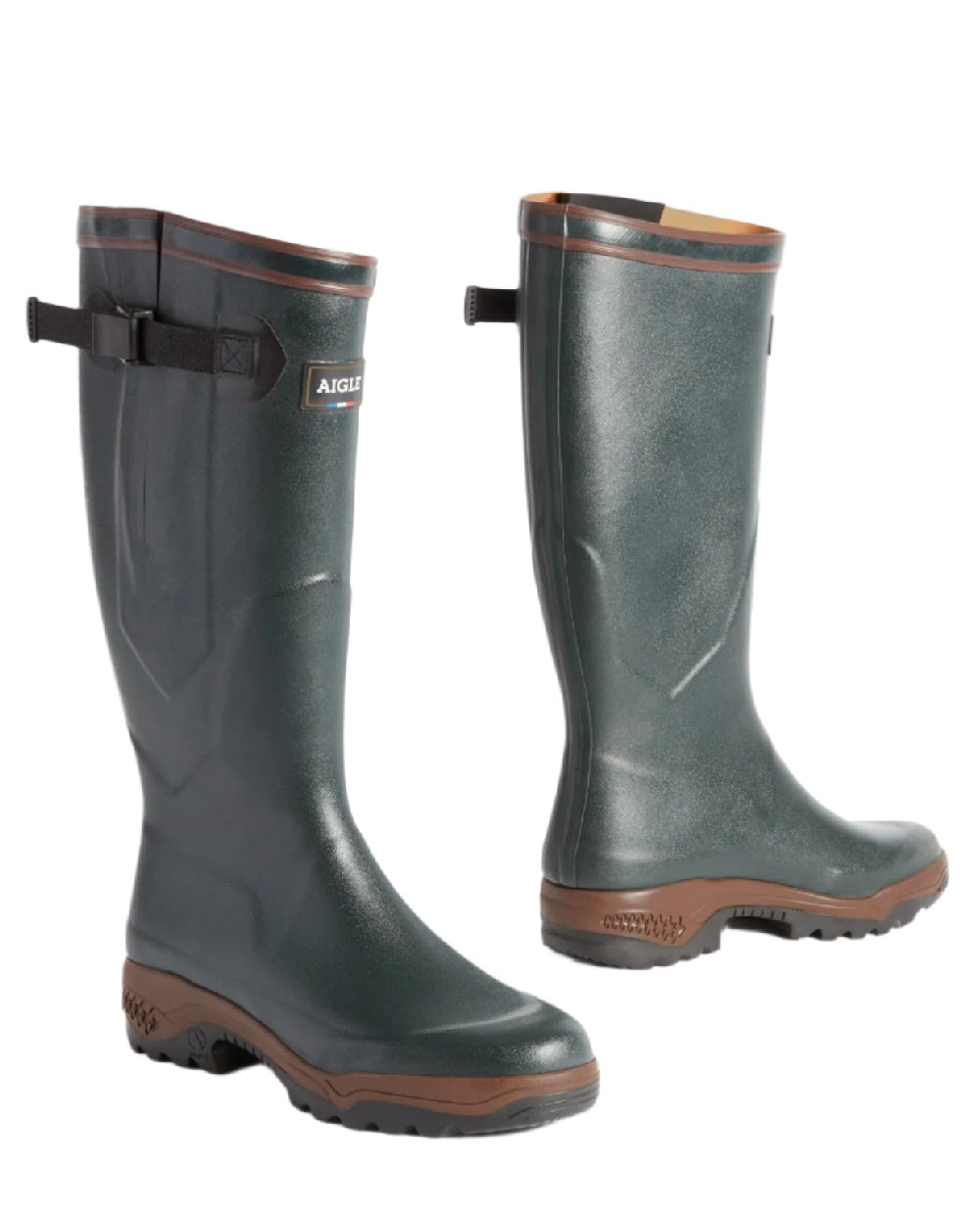 Bronze coloured Aigle Parcours 2 Vario Wellington Boots on white background 