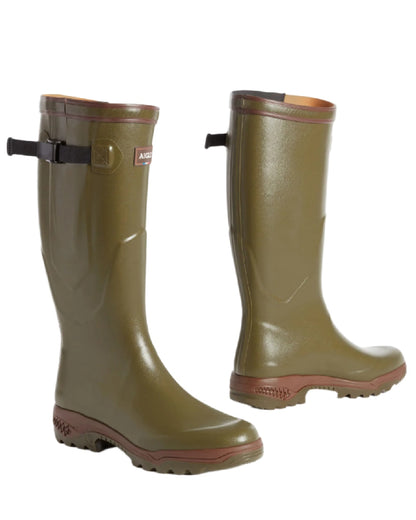 Kaki coloured Aigle Parcours 2 Vario Wellington Boots on white background 