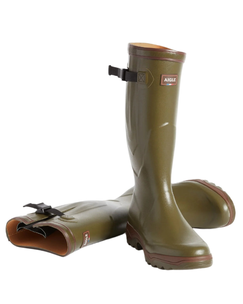 Kaki coloured Aigle Parcours 2 Vario Wellington Boots on white background 