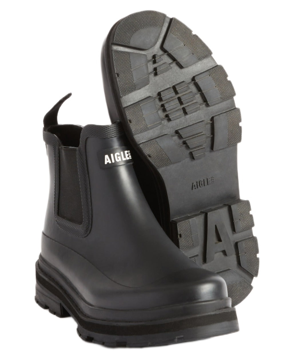 Noir coloured Aigle Soft Rain 2 Ankle Boots on white background 