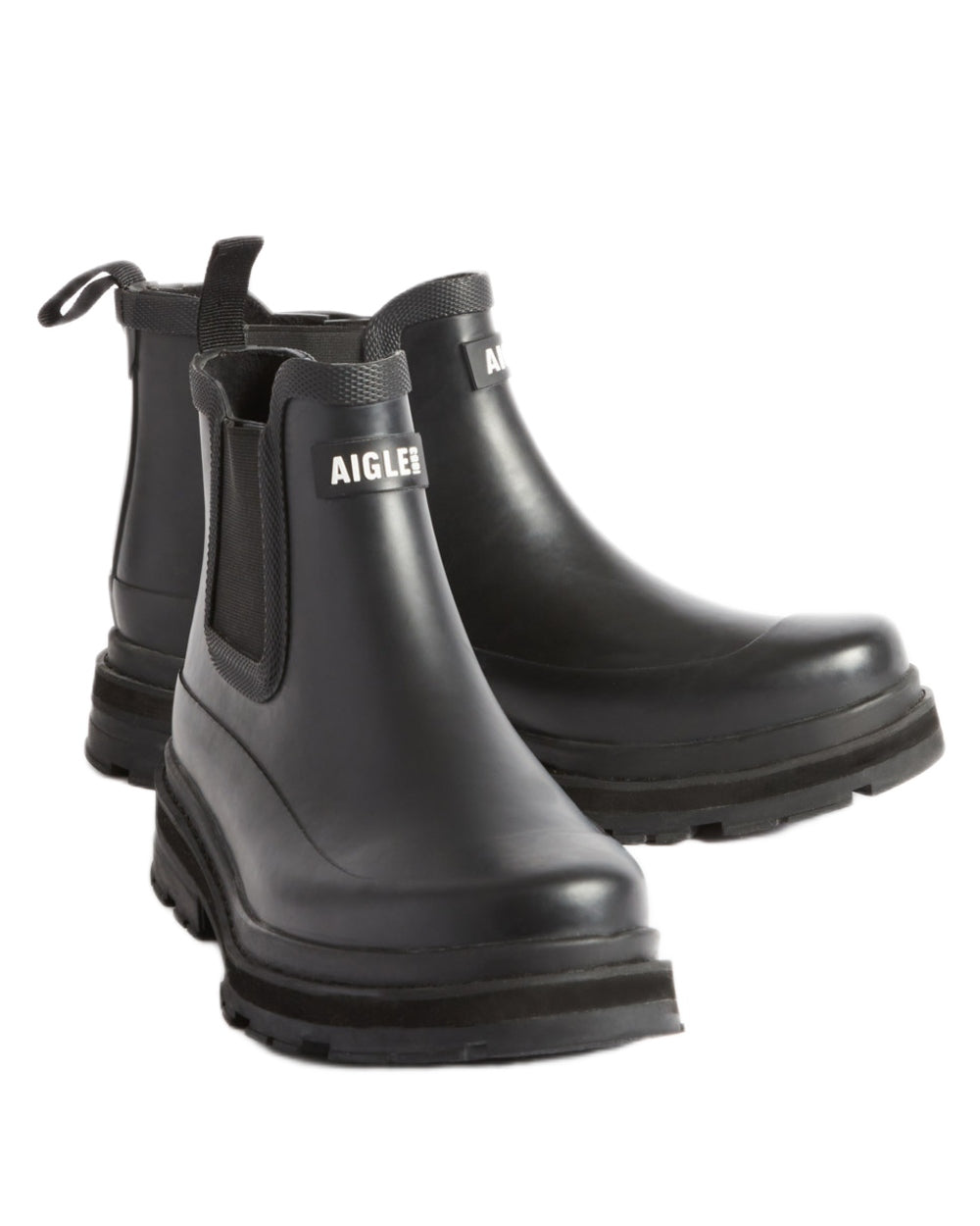 Noir coloured Aigle Soft Rain 2 Ankle Boots on white background 