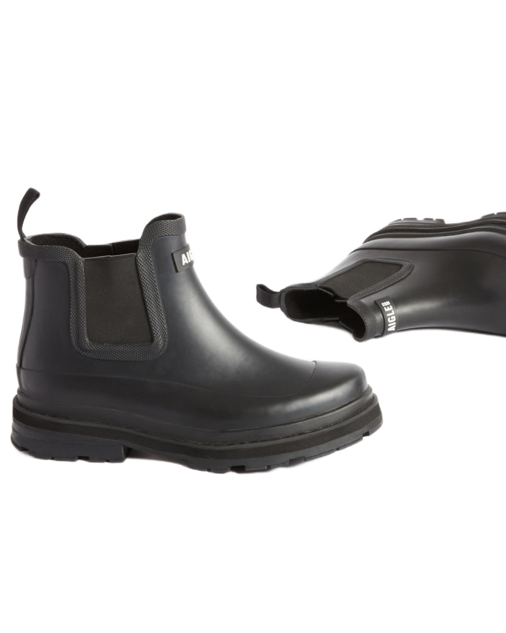 Noir coloured Aigle Soft Rain 2 Ankle Boots on white background 