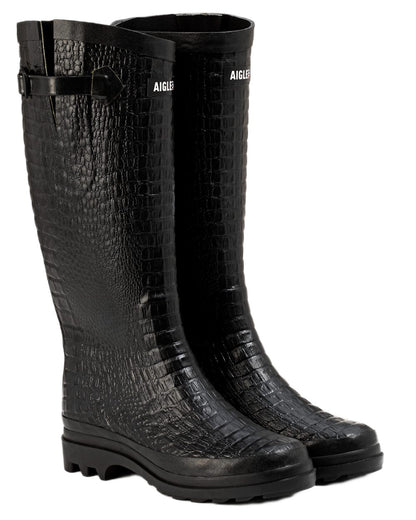 Noir coloured Aigle Womens Aiglentine 2 Crocodile Style Boots on white background 