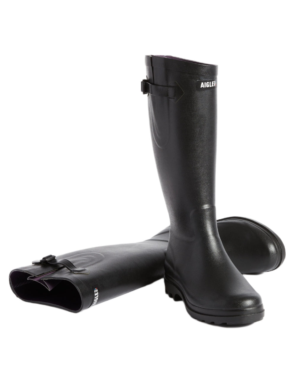 Noir coloured Aigle Womens Aiglentine 2 Wellingtons on white background 