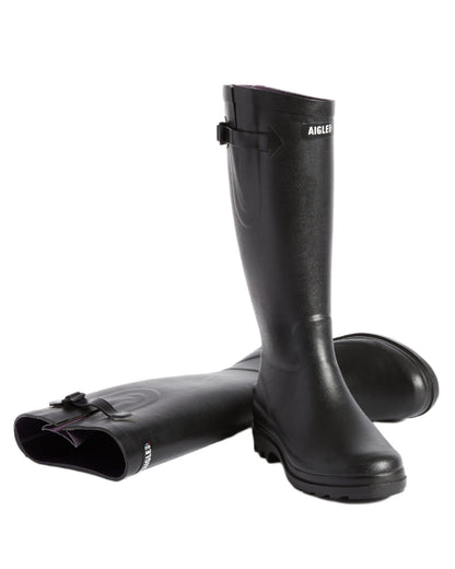 Noir coloured Aigle Womens Aiglentine 2 Wellingtons on white background 