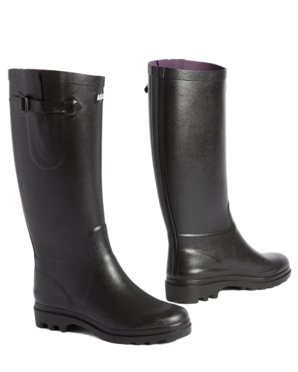 Noir coloured Aigle Womens Aiglentine 2 Wellingtons on white background 