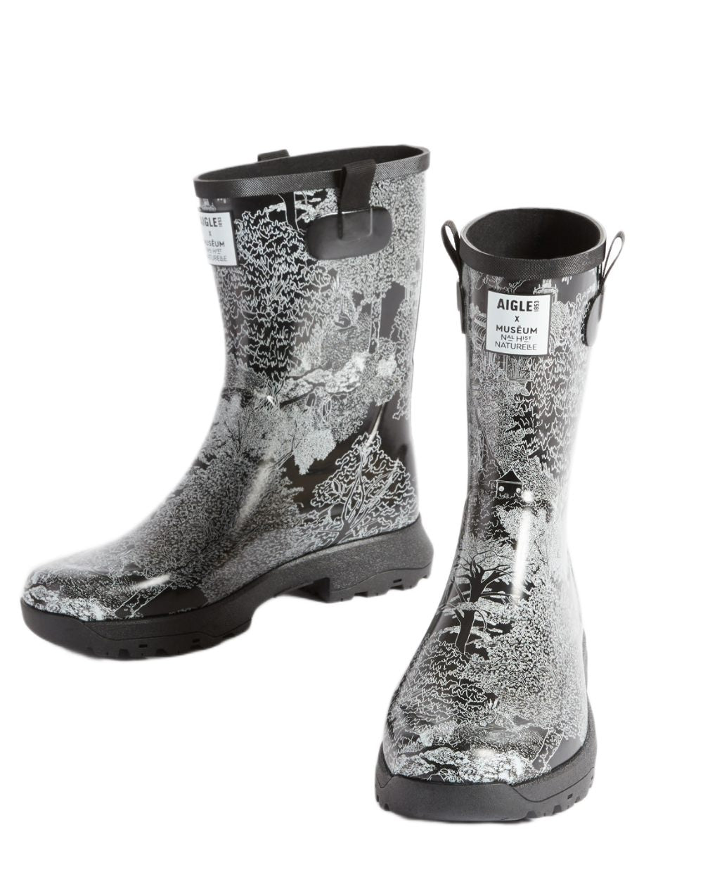Black Print coloured Aigle Womens Alya Print Leisure Boots on white background 
