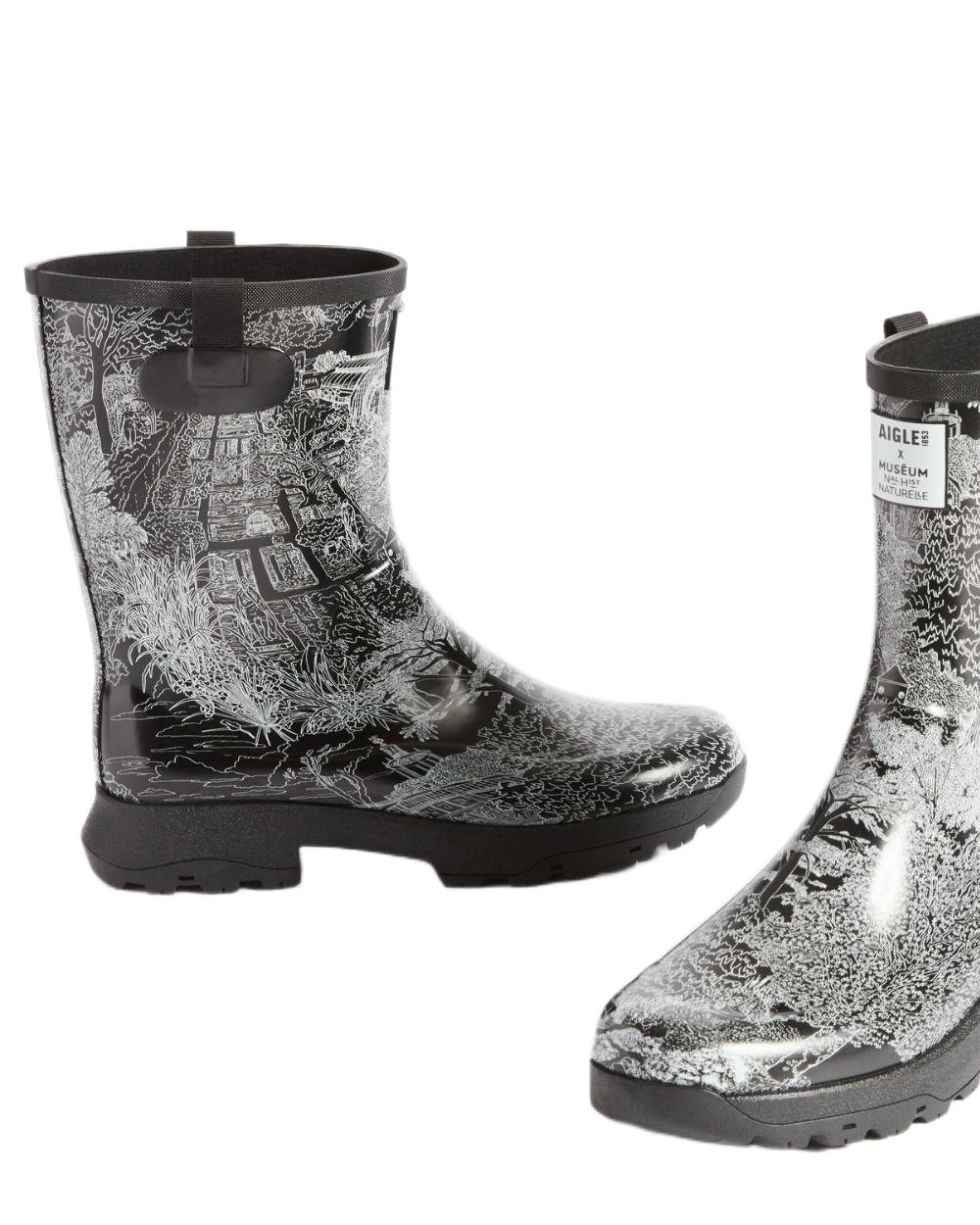 Black Print coloured Aigle Womens Alya Print Leisure Boots on white background 