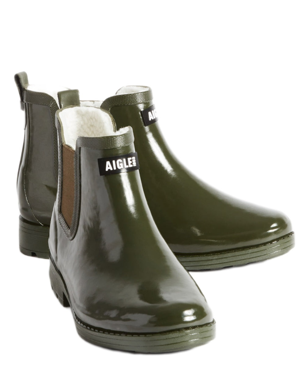 Khaki coloured Aigle Womens Carville Fur 2 Ankle Rain Boots on white background 