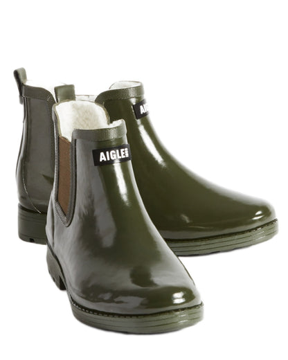Khaki coloured Aigle Womens Carville Fur 2 Ankle Rain Boots on white background 
