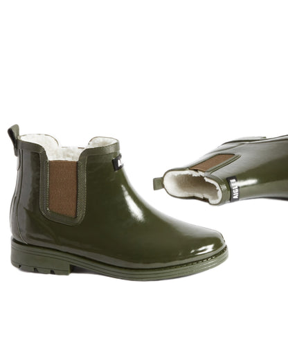 Khaki coloured Aigle Womens Carville Fur 2 Ankle Rain Boots on white background 