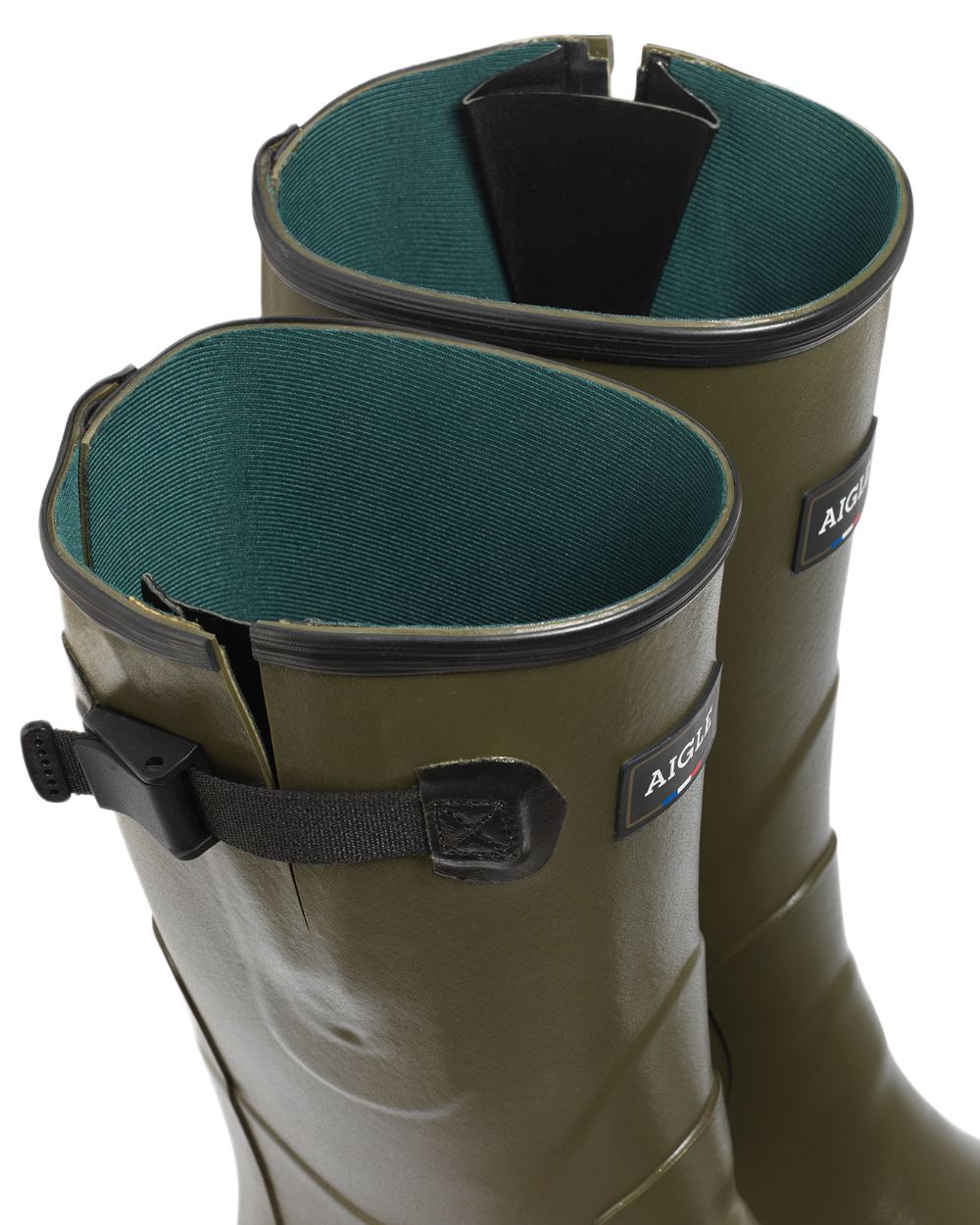 Khaki coloured Aigle Womens Chambord Var Wellingtons on white background 