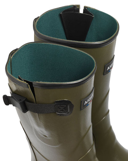 Khaki coloured Aigle Womens Chambord Var Wellingtons on white background 