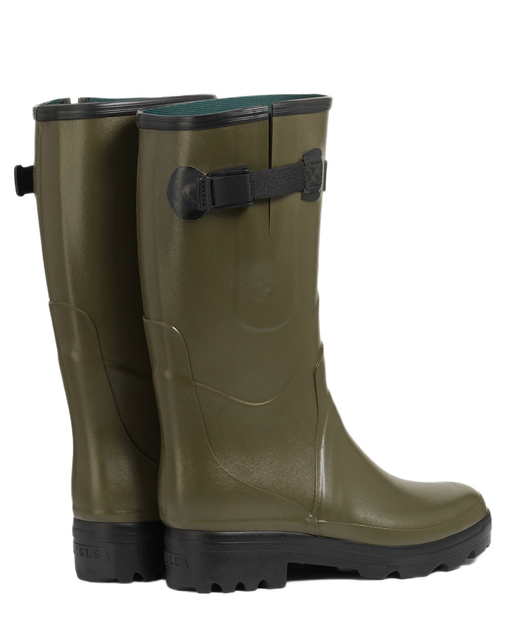 Khaki coloured Aigle Womens Chambord Var Wellingtons on white background 