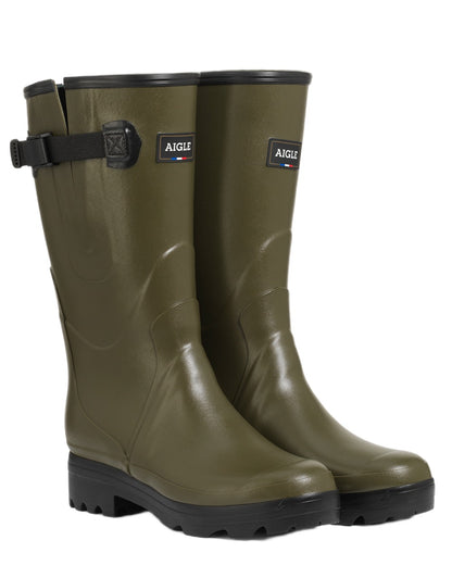 Khaki coloured Aigle Womens Chambord Var Wellingtons on white background 