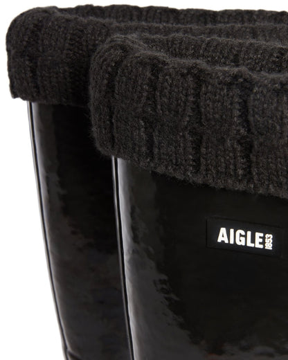 Noir coloured Aigle Womens Eliosa Fur Lined Rain Boots on white background 