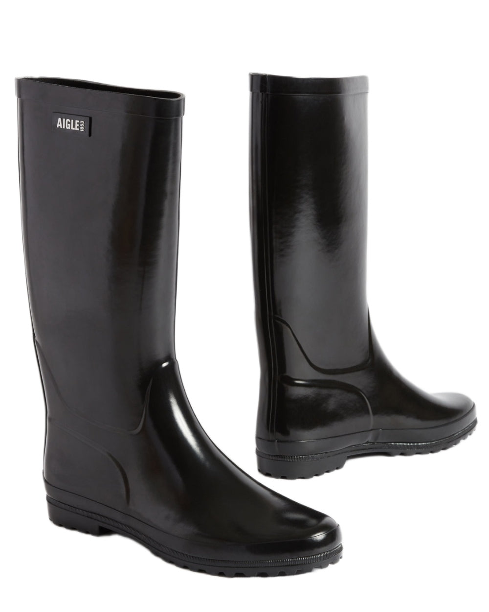 Noir coloured Aigle Womens Eliosa Wellingtons on white background 