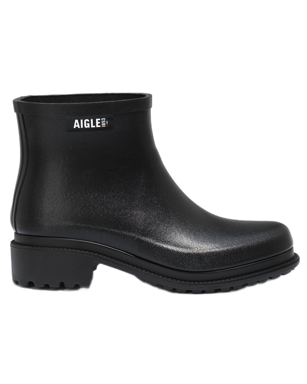 Black coloured Aigle Womens Fulfeel Low Rain Ankle Boots on white background 