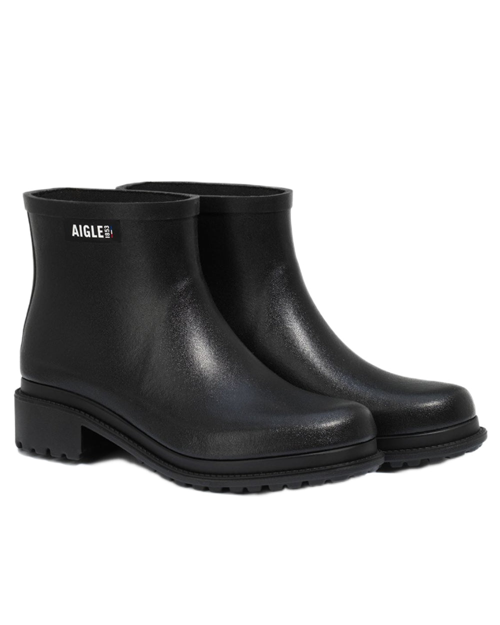 Black coloured Aigle Womens Fulfeel Low Rain Ankle Boots on white background 