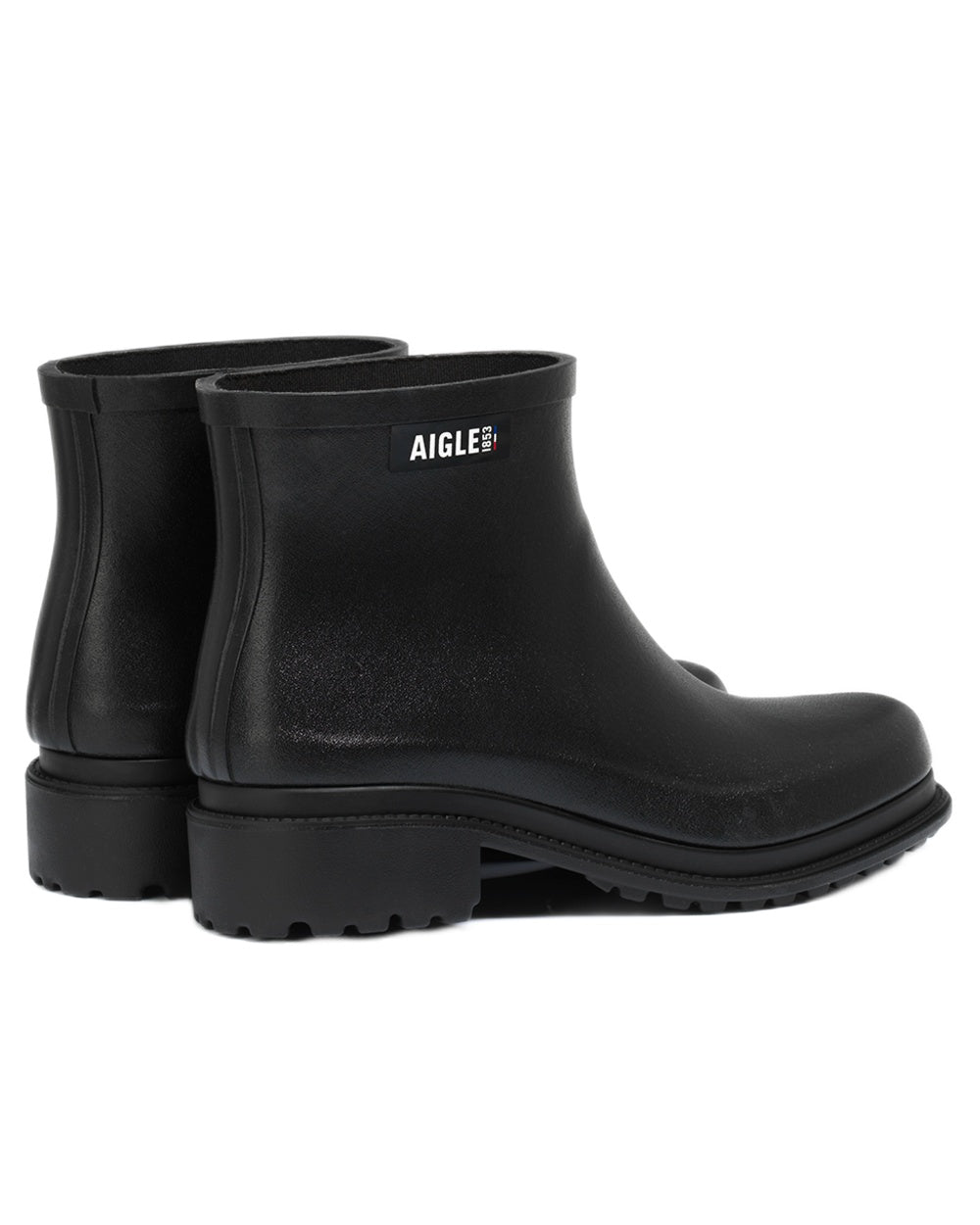 Black coloured Aigle Womens Fulfeel Low Rain Ankle Boots on white background 