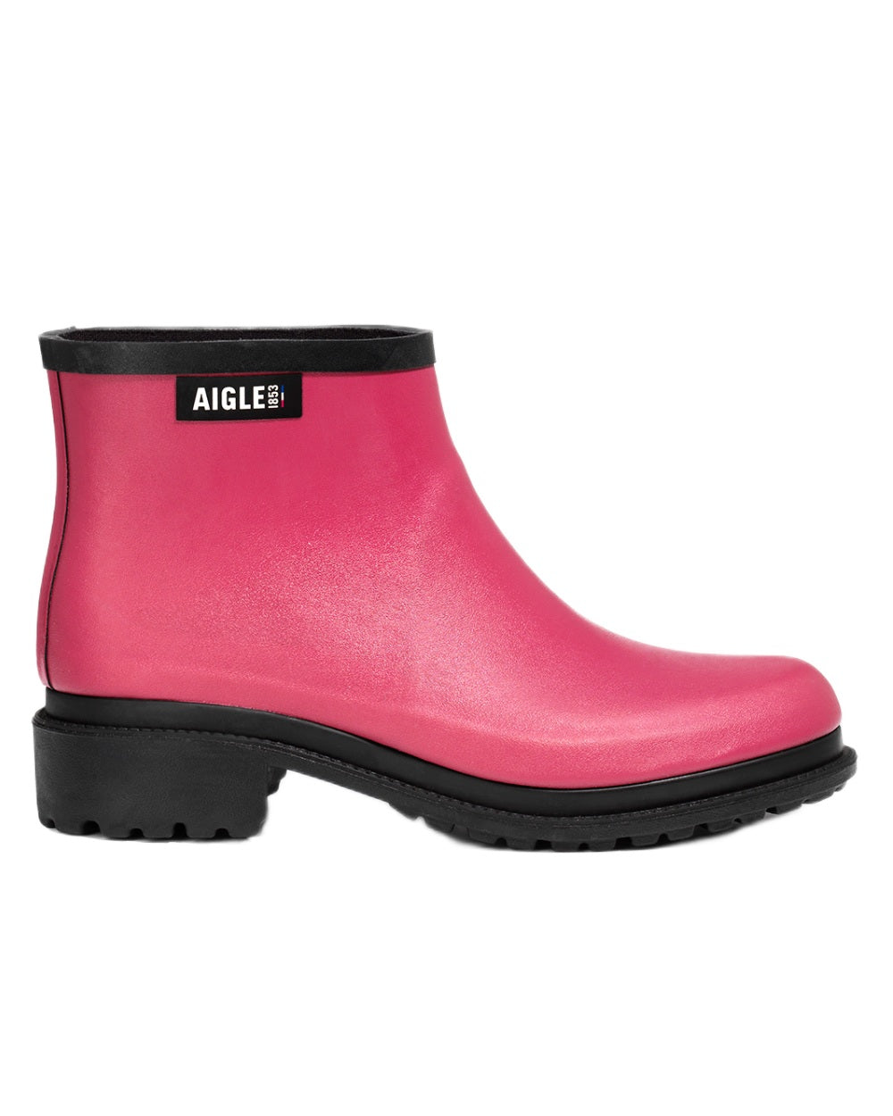 Raspberry FFL coloured Aigle Womens Fulfeel Low Rain Ankle Boots on white background 