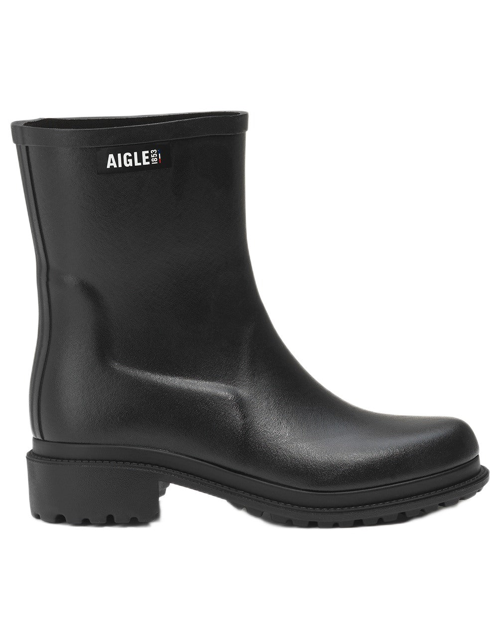 Noir coloured Aigle Womens Fulfeel Mid Ankle Rain Boots on white background 