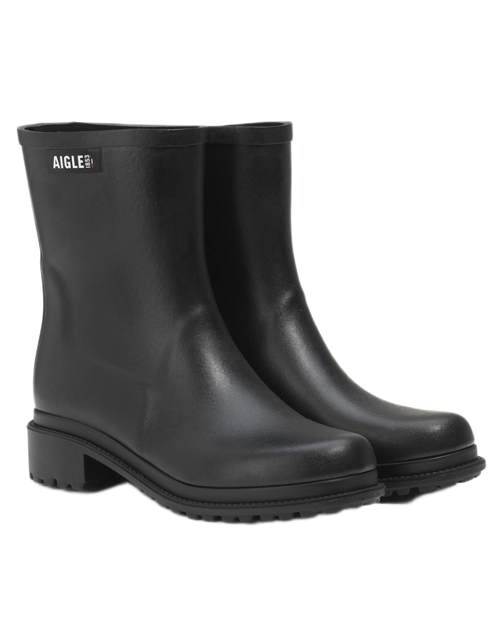Noir coloured Aigle Womens Fulfeel Mid Ankle Rain Boots on white background 