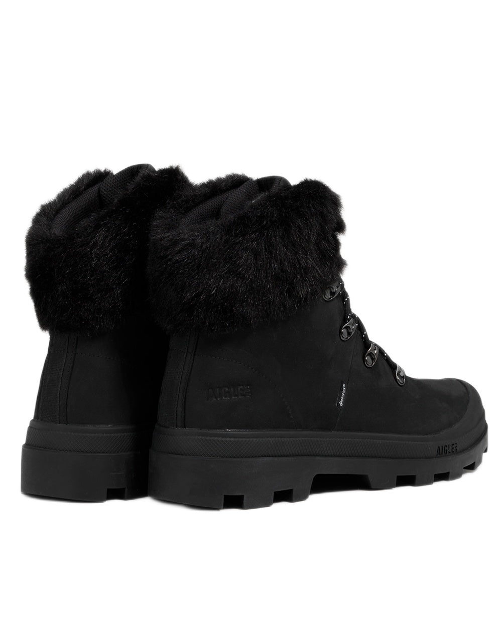Noir coloured Aigle Womens Fur-Lined Gore-Tex Hiking Boots on white background 