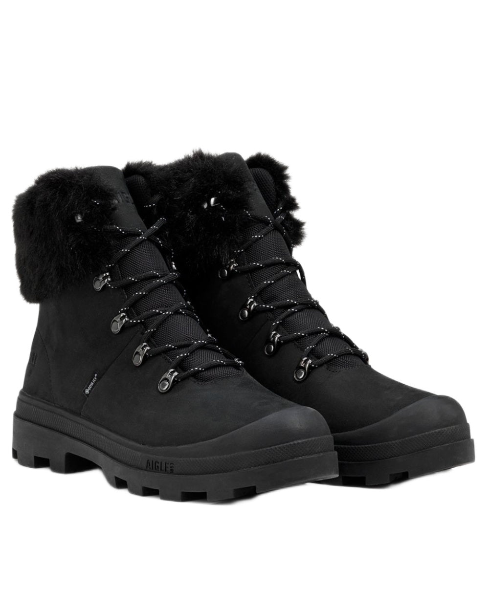 Noir coloured Aigle Womens Fur-Lined Gore-Tex Hiking Boots on white background 