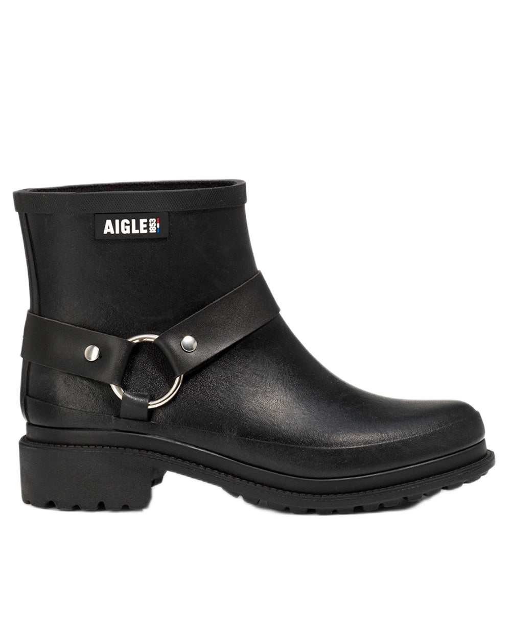 Noir coloured Aigle Womens Macadames Short Wellington Boots on white background 