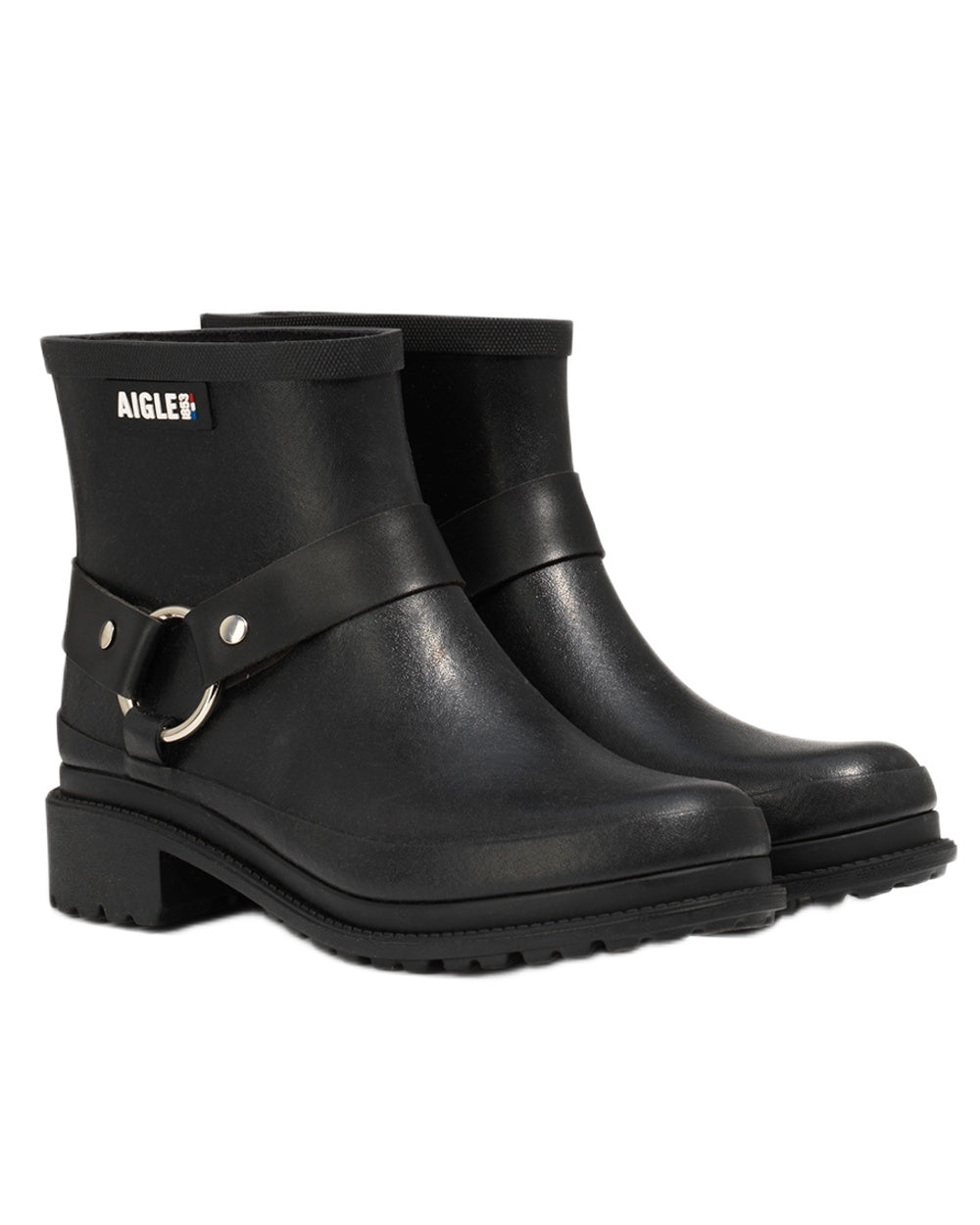Noir coloured Aigle Womens Macadames Short Wellington Boots on white background 