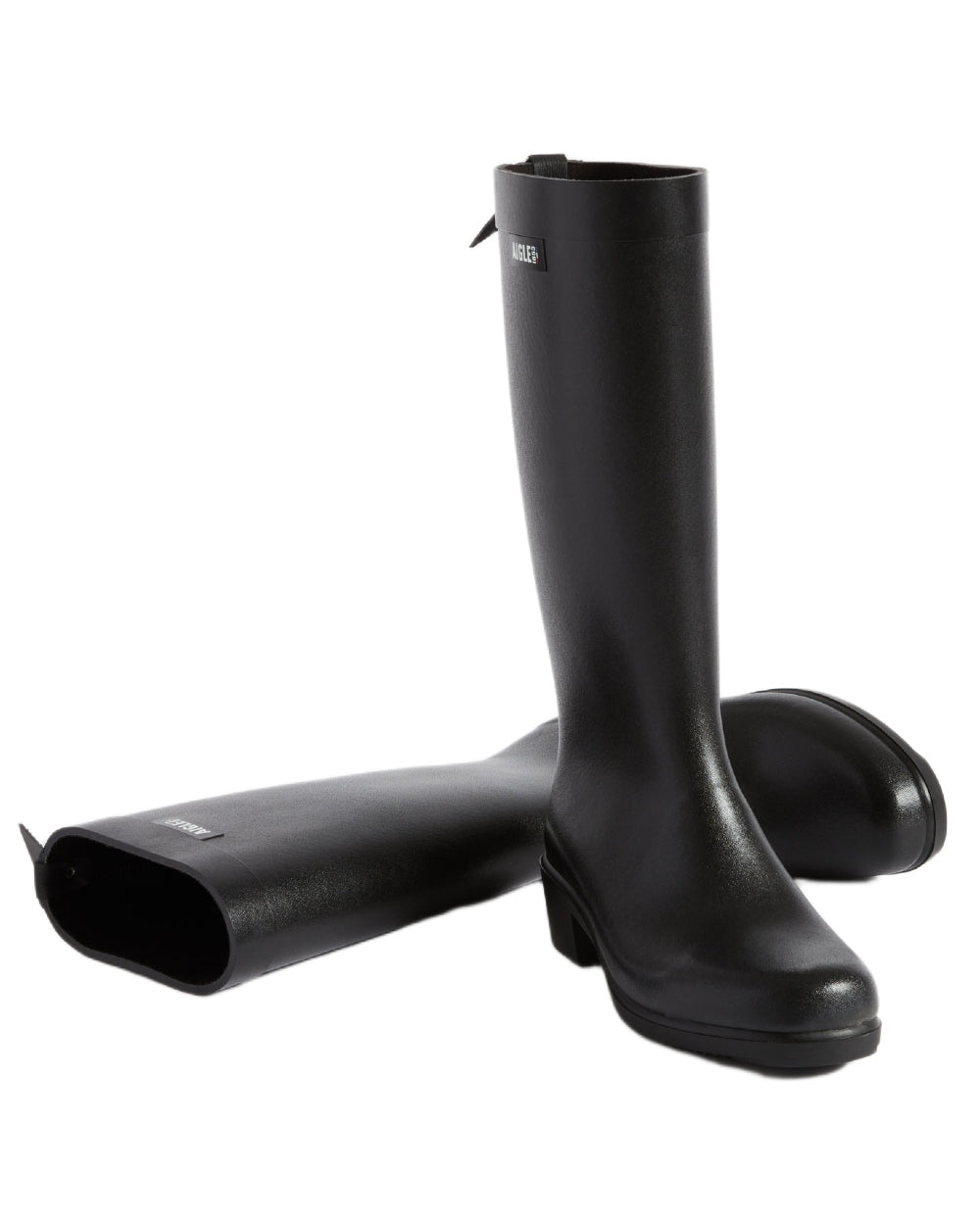 Noir coloured Aigle Womens Myrica Wellingtons on white background 