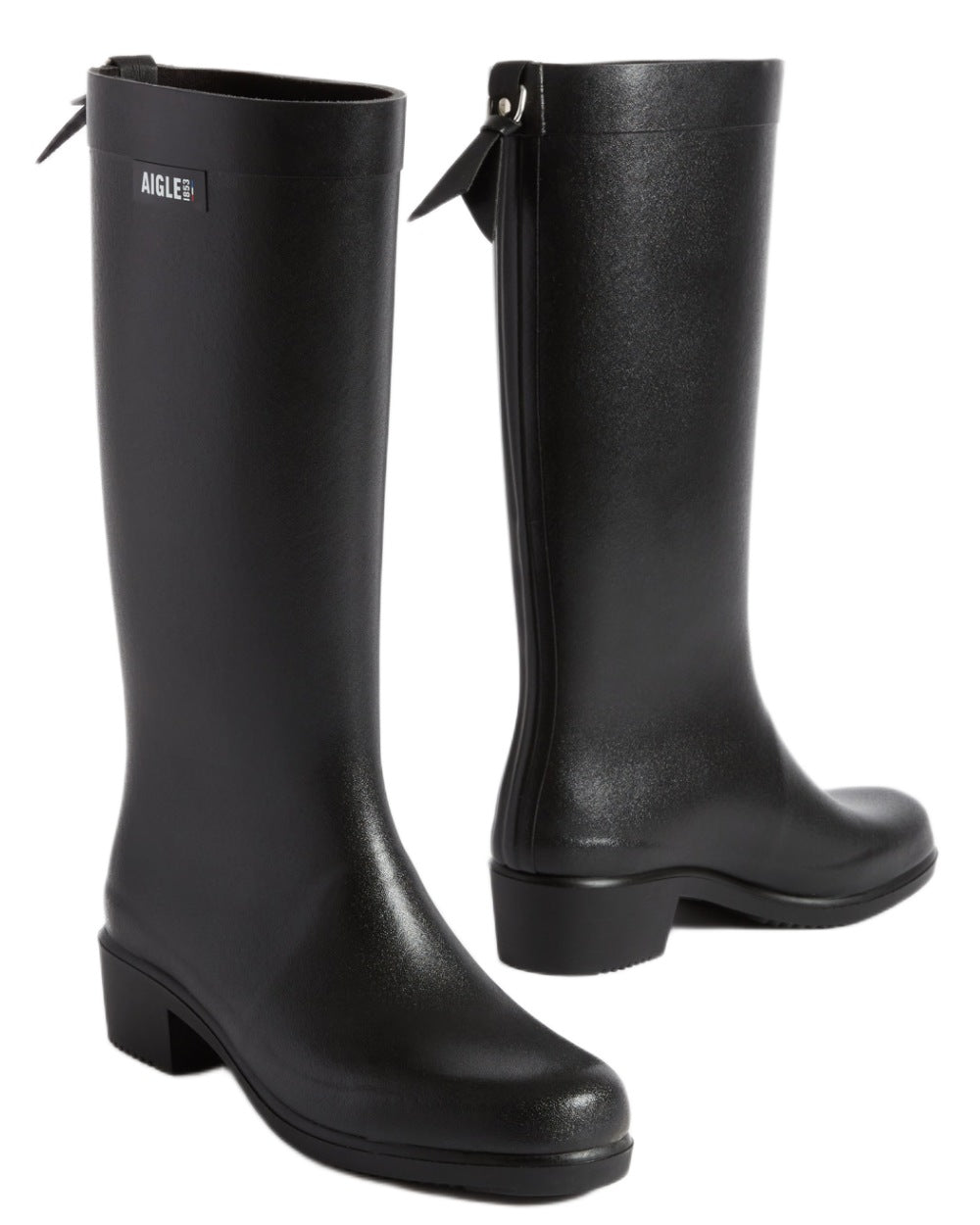 Noir coloured Aigle Womens Myrica Wellingtons on white background 