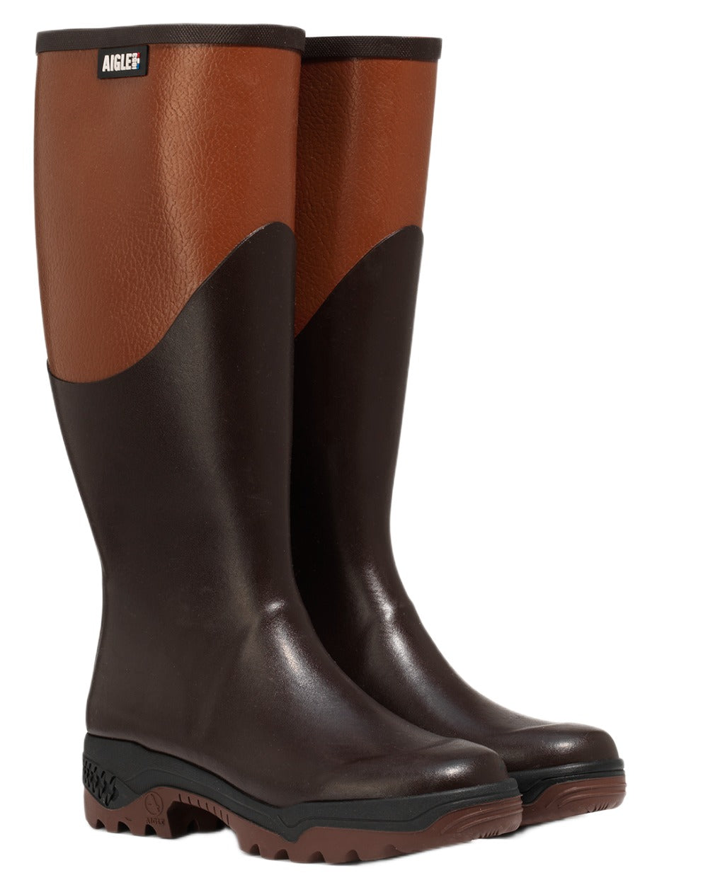 Brun coloured Aigle Womens Parcours 2 Wellingtons on white background 